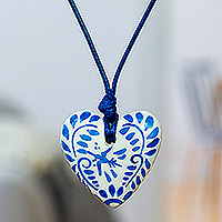 Talavera Style Blue & White Bird Papier Mache Heart Necklace,'Blue Talavera'