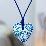 Papier mache heart necklace, 'Blue Talavera' - Talavera Style Blue & White Bird Papier Mache Heart Necklace