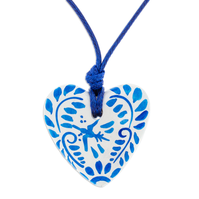 Talavera Style Blue & White Bird Papier Mache Heart Necklace