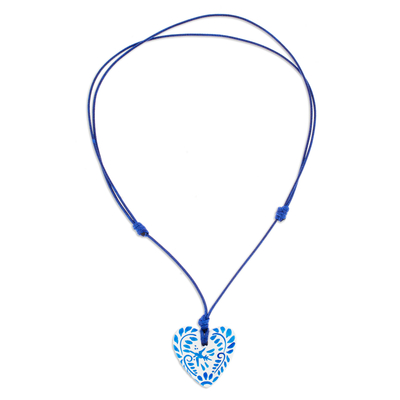 Papier mache heart necklace, 'Blue Talavera' - Talavera Style Blue & White Bird Papier Mache Heart Necklace