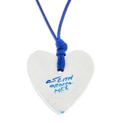 Collar de corazón de papel maché - Collar de corazón de papel maché de pájaro azul y blanco estilo Talavera