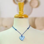 Papier mache heart necklace, 'Blue Talavera' - Talavera Style Blue & White Bird Papier Mache Heart Necklace