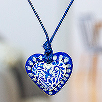 Papier mache pendant necklace, 'Talavera Heart'