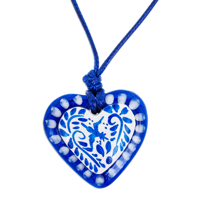 Blue & White Talavera Style Papier Mache Heart Necklace