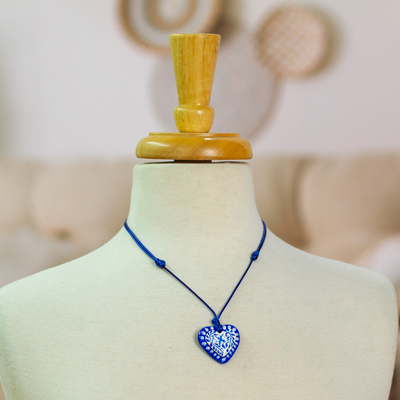 Papier mache pendant necklace, 'Talavera Heart' - Blue & White Talavera Style Papier Mache Heart Necklace