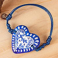 Papier mache pendant bracelet, 'Talavera Heart' - Blue & White Talavera Style Papier Mache Heart Bracelet