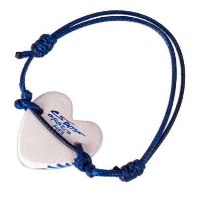 Papier mache heart bracelet, 'Blue Talavera' - Talavera Style Blue & White Bird Papier Mache Heart Bracelet