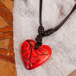 Papier mache pendant necklace, 'Heart Filled with Passion' - Artisan Handcrafted Red Papier Mache Heart Necklace