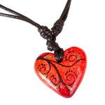 Papier mache pendant necklace, 'Heart Filled with Passion' - Artisan Handcrafted Red Papier Mache Heart Necklace