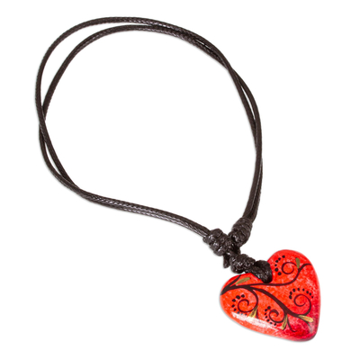 Papier mache pendant necklace, 'Heart Filled with Passion' - Artisan Handcrafted Red Papier Mache Heart Necklace