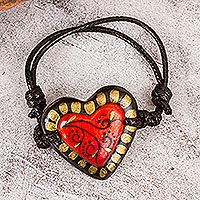 Papier mache pendant bracelet, 'Gold Kissed Heart' - Papier Mache Adjustable Red Heart Golden Trim Bracelet