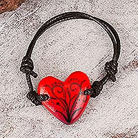 Papier mache pendant bracelet, 'Passionate Loving Heart' - Artisan Handcrafted Red Papier Mache Heart Bracelet
