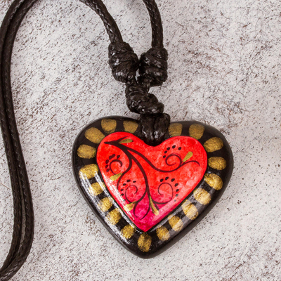 Papier mache pendant necklace, 'Gold Kissed Heart' - Papier Mache Adjustable Red Heart Golden Trim Necklace