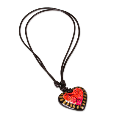 Halskette mit Pappmaché-Anhänger - Verstellbare Halskette mit rotem Herz und goldenem Besatz aus Pappmaché