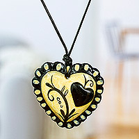 Papier mache pendant necklace, 'Two Loving Hearts' - Hand Painted Black & Beige Papier Mache Heart Necklace