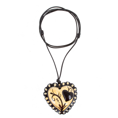 Hand Painted Black & Beige Papier Mache Heart Necklace