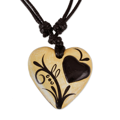Black & Beige Hand Painted Heart Necklace in Papier Mache