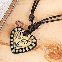 Papier mache heart necklace, 'Ruffled Valentine' - Black & Beige Hand Painted Papier Mache Heart Necklace