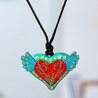 Hand painted pendant necklace, 'From the Heart' - Folk Art Heart Pendant Necklace