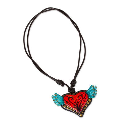 Hand painted pendant necklace, 'Heartthrob' - Hand Painted Heart Necklace