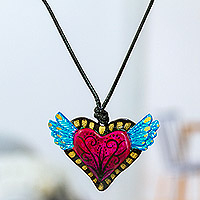 Hand painted pendant necklace, 'Change of Heart' - Colorful Hand Painted Heart Necklace