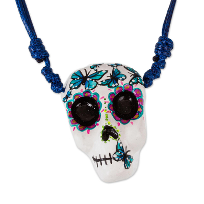 Hand Painted Skull Necklace with Butterflies