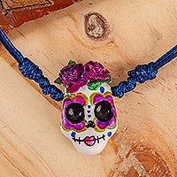 Hand painted pendant necklace, 'Pretty Calavera' - Hand Painted Catrina Necklace