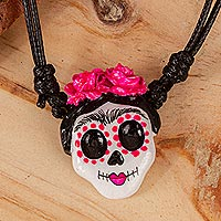 Hand painted pendant necklace, 'Starry-Eyed Skull' - Handmade Molded Paper Skull Necklace