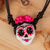 Hand painted pendant necklace, 'Starry-Eyed Skull' - Handmade Molded Paper Skull Necklace
