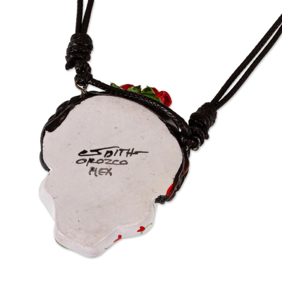 Hand painted pendant necklace, 'Beautiful Catrina' - Adjustable Skull Pendant Necklace