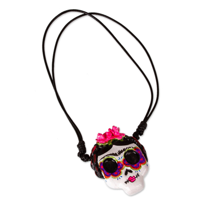 Hand painted pendant necklace, 'Pretty Catrina' - Hand Painted Catrina Skull Necklace