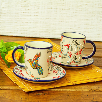 Ceramic cups and saucers, 'Colibri' (pair) - Hand Crafted Ceramic Cups and Saucers (Pair)