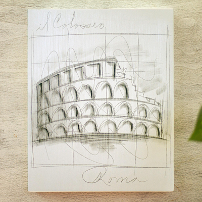 'Monumentos del Mundo: Roma' - Obra de arte en acrílico y lápiz del Coliseo Romano