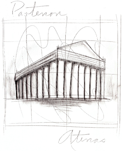 Original Acrylic and Pencil Artwork of Parthenon