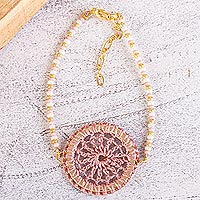 Gold-accented crocheted pendant bracelet, 'Morgana in Rose' - Artisan Crafted Crocheted Pendant Bracelet