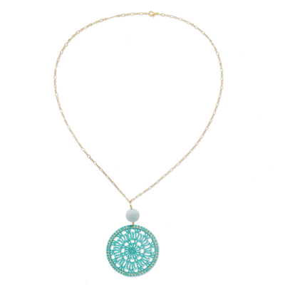Gold-plated amazonite pendant necklace, 'Cyrene' - Aqua Crocheted Pendant Necklace with Amazonite