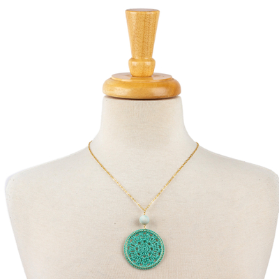 Gold-plated amazonite pendant necklace, 'Cyrene' - Aqua Crocheted Pendant Necklace with Amazonite