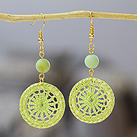 Gold-plated amazonite dangle earrings, 'Daphne' - Unique Crocheted Dangle Earrings