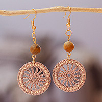Gold-plated amazonite dangle earrings, 'Morgana in Rose' - Gold-Plated Amazonite Crocheted Earrings