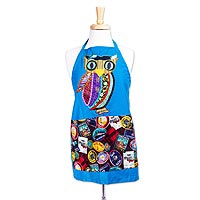 Cotton applique apron, 'Who's Hoo' - Multicolored Owl Applique Apron