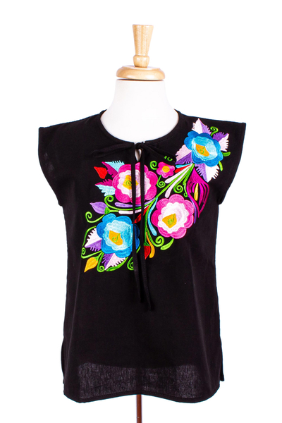 Hand-embroidered cotton blouse, 'Zapopan Blossoms' - Colorful Embroidered Sleeveless Blouse