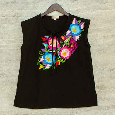 Hand-embroidered cotton blouse, 'Zapopan Blossoms' - Colorful Embroidered Sleeveless Blouse