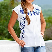 Hand-embroidered cotton blouse, 'Chapala Blue' - Blue and White Embroidered Blouse