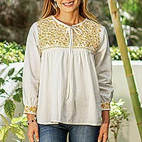 Cotton blouse, 'Golden Oaxaca Blossoms' - Hand Embroidered White and Yellow Cotton Oaxaca Style Blouse
