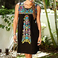 Hand-embroidered cotton dress, 'Chapala Breeze' - Sleeveless Embroidered Black Dress