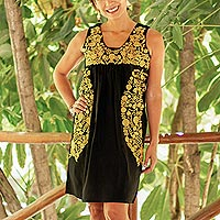 Vestido de algodón, 'Flores de Oaxaca doradas de medianoche' - Vestido estilo Oaxaca de algodón amarillo y negro bordado a mano