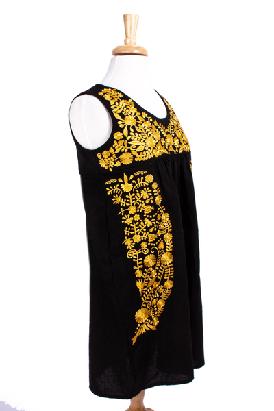 Cotton dress, 'Golden Midnight Oaxaca Blossoms' - Hand Embroidered Yellow & Black Cotton Oaxaca Style Dress
