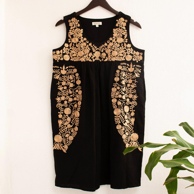 Cotton dress, 'Beige Oaxaca Blossoms' - Hand Embroidered Beige & Black Cotton Oaxaca Style Dress