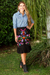 Cotton peasant skirt, 'Midnight Oaxaca Blossoms' - Colorful Hand Embroidered Black Cotton Ruffled Skirt thumbail