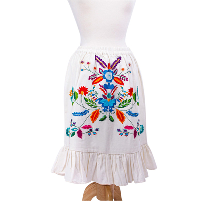 Cotton peasant skirt, 'Bright Oaxaca Blossoms' - Colorful Hand Embroidered White Cotton Ruffled Skirt